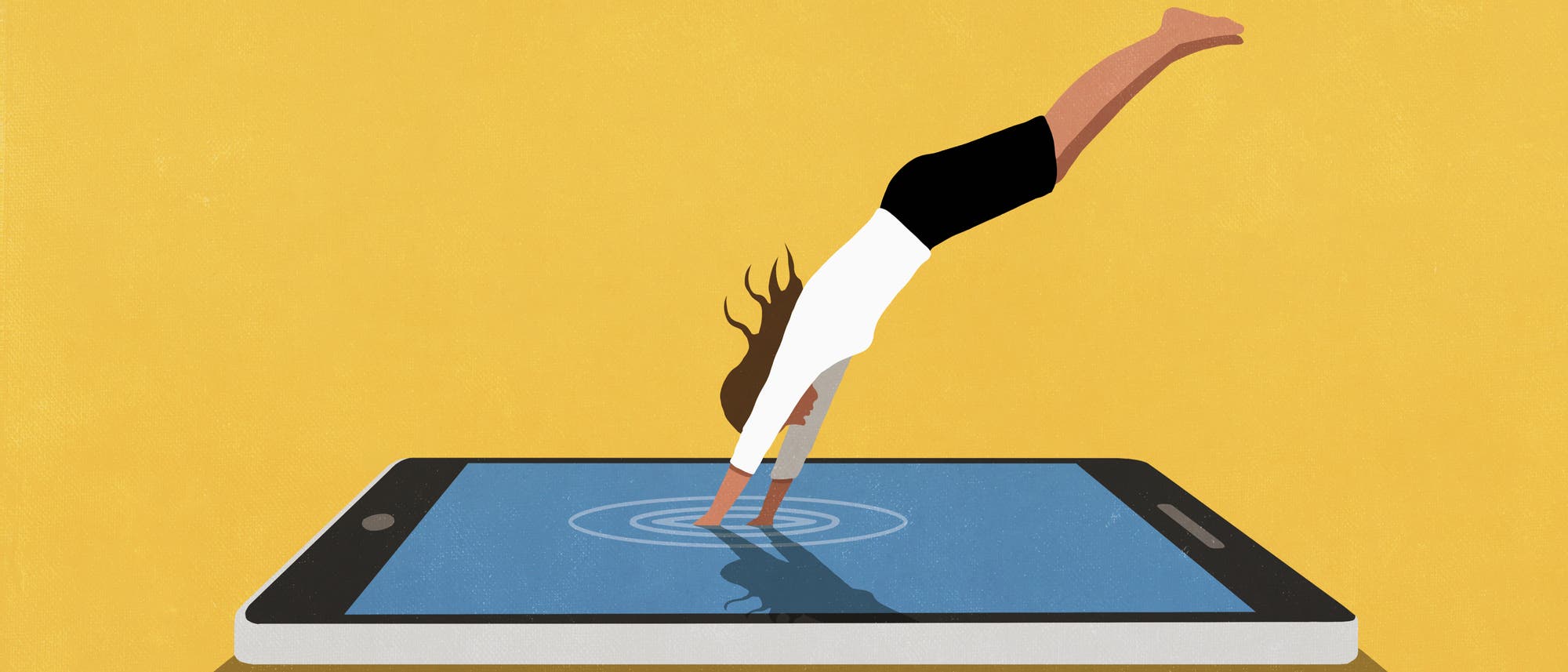 Eine Illustration zeigt eine Person, die kopf&uuml;ber in ein &uuml;berdimensionales Smartphone eintaucht, als ob sie in Wasser springt. Das Smartphone liegt auf einer gelben Fl&auml;che, und die Wasseroberfl&auml;che auf dem Bildschirm erzeugt konzentrische Kreise um die H&auml;nde der Person. Die Szene symbolisiert das Eintauchen in die digitale Welt.