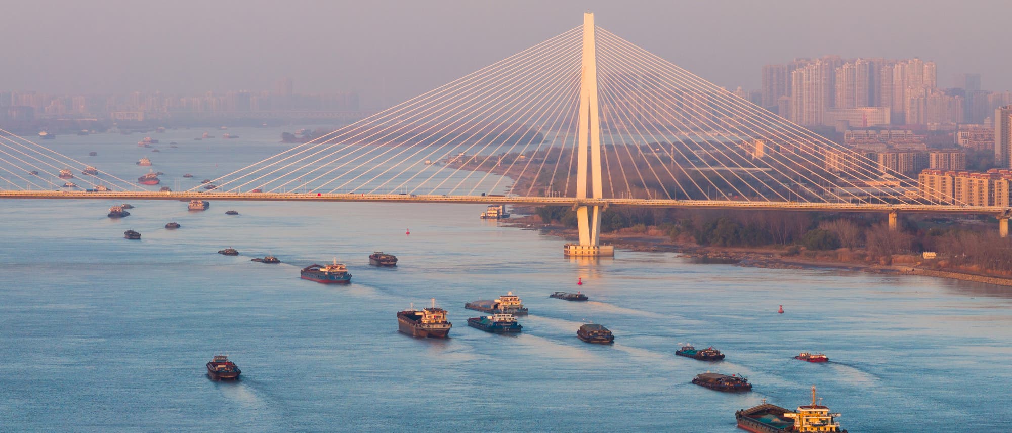 Eine moderne Schrägseilbrücke überspannt einen breiten Fluss, auf dem zahlreiche Frachtschiffe in beiden Richtungen fahren. Im Hintergrund sind städtische Gebäude und eine dunstige Skyline zu sehen. Die Szene vermittelt ein Gefühl von urbaner Infrastruktur und geschäftigem Schiffsverkehr. Eine moderne Schrägseilbrücke überspannt einen breiten Fluss, auf dem zahlreiche Frachtschiffe in beiden Richtungen fahren. Im Hintergrund sind städtische Gebäude und eine dunstige Skyline zu sehen. Die Szene vermittelt ein Gefühl von urbaner Infrastruktur und geschäftigem Schiffsverkehr.