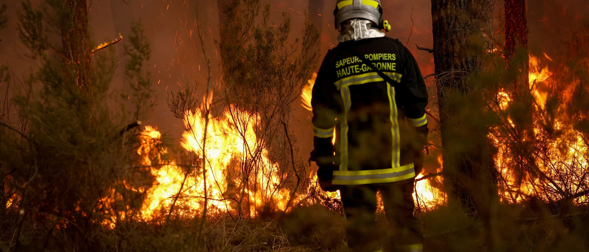 Ein Feuerwehrmann in Schutzkleidung steht in einem Wald und beobachtet ein loderndes Feuer. Auf der R&uuml;ckseite seiner Jacke steht "Sapeurs-Pompiers Haute-Garonne". Funken fliegen durch die Luft, w&auml;hrend Flammen die Vegetation erfassen. Die Szene zeigt die Gefahr und Intensit&auml;t eines Waldbrandes.