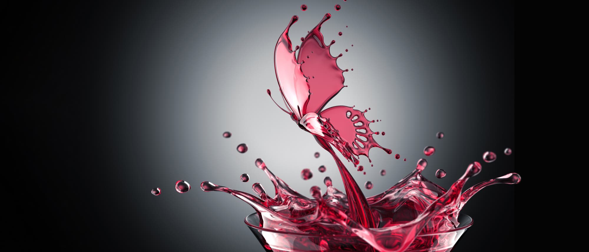 Ein roter Schmetterling, der aus einer spritzenden Flüssigkeit in einem Glas geformt ist. Die Flügel des Schmetterlings bestehen aus der Flüssigkeit, die in dynamischen Tropfen und Spritzern dargestellt ist. Der Hintergrund ist dunkel, was den Kontrast zur leuchtend roten Farbe des Schmetterlings und der Flüssigkeit verstärkt. Kunstvolle Darstellung von Bewegung und Form. Ein roter Schmetterling, der aus einer spritzenden Flüssigkeit in einem Glas geformt ist. Die Flügel des Schmetterlings bestehen aus der Flüssigkeit, die in dynamischen Tropfen und Spritzern dargestellt ist. Der Hintergrund ist dunkel, was den Kontrast zur leuchtend roten Farbe des Schmetterlings und der Flüssigkeit verstärkt. Kunstvolle Darstellung von Bewegung und Form.