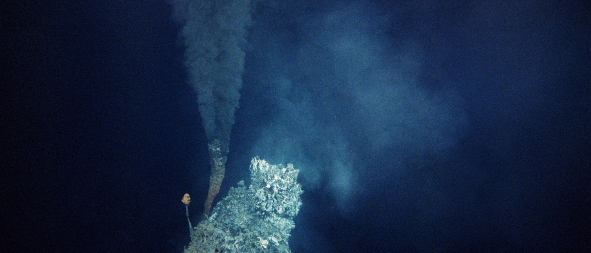 Unterwasseraufnahme eines Schwarzen Rauchers, der dunkle, mineralreiche Fl&uuml;ssigkeit in die umgebende Tiefsee freisetzt. Der Schlot ist von mineralischen Ablagerungen umgeben, die durch die chemischen Prozesse am Meeresboden entstanden sind. Die Umgebung ist dunkel, was die Tiefe und Abgeschiedenheit des Ortes betont.