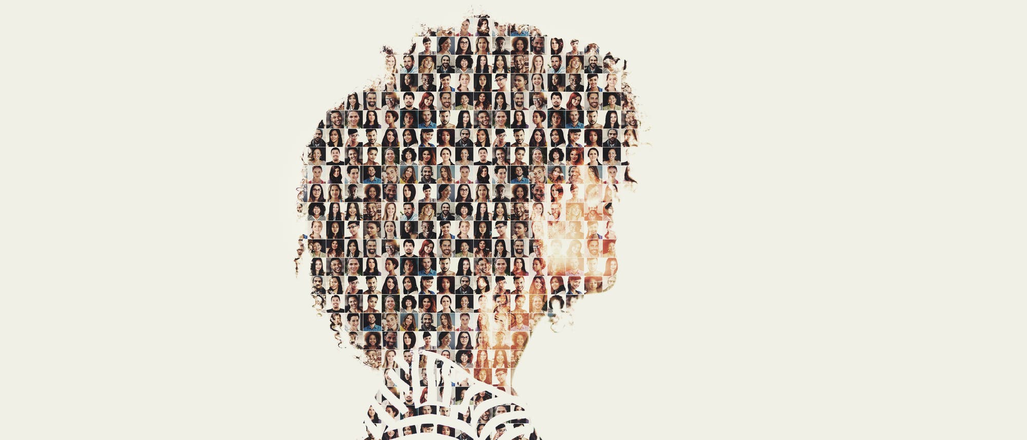 Ein Profilbild einer Person, das aus einer Vielzahl kleinerer Portr&auml;tfotos zusammengesetzt ist. Die kleineren Bilder zeigen verschiedene Gesichter und bilden zusammen die Silhouette eines Kopfes mit lockigem Haar. Das Bild symbolisiert Vielfalt und Gemeinschaft.