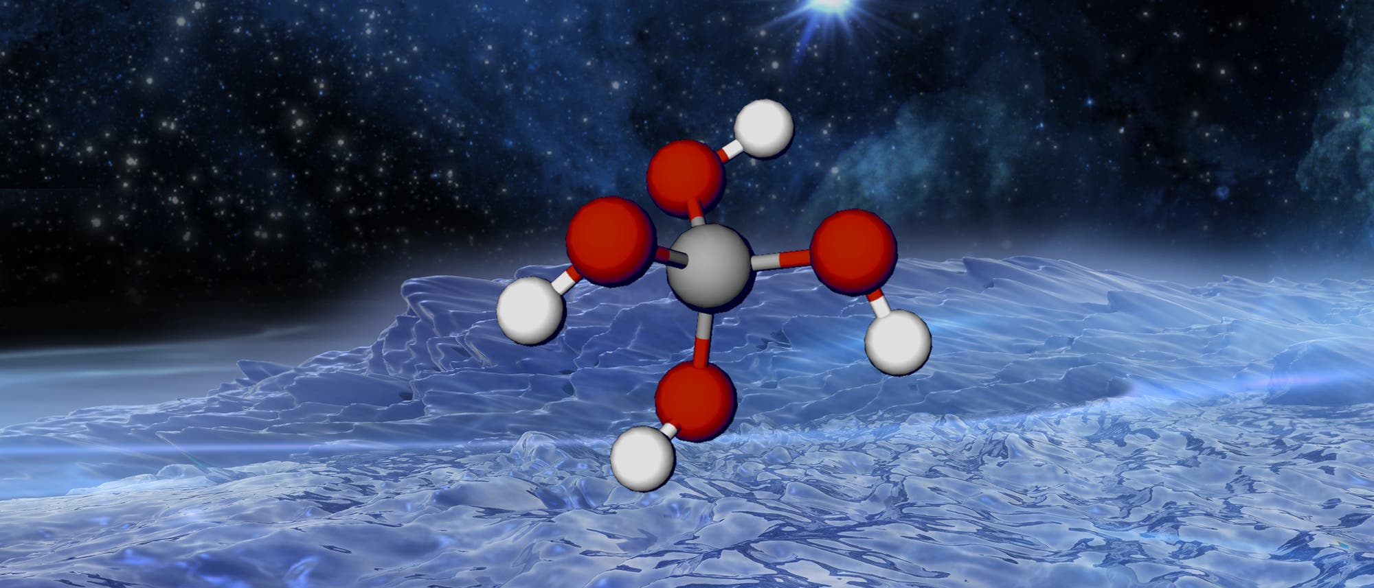 Eine 3D-Darstellung eines Moleküls schwebt über einer eisigen, blauen Landschaft im Weltraum. Der Hintergrund zeigt einen sternenübersäten Himmel mit einem hellen Stern. Das Molekül besteht aus grauen, roten und weißen Kugeln, die durch Stäbe verbunden sind, und symbolisiert Atome und Bindungen.