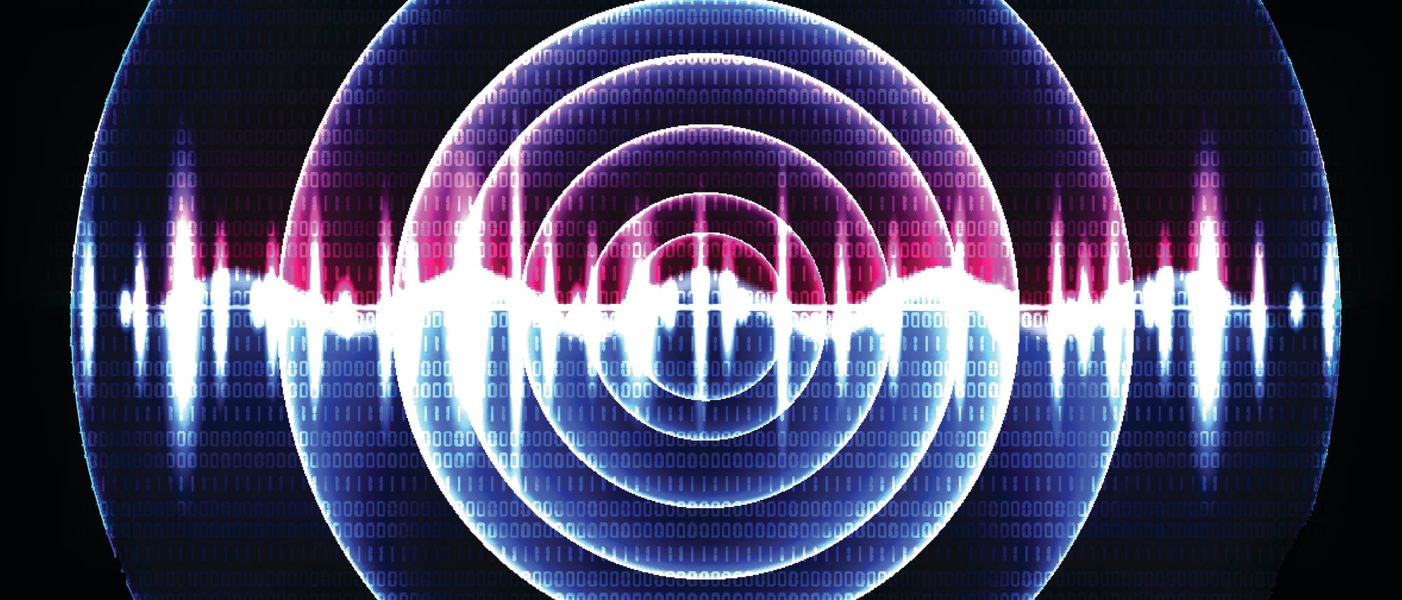 Ein digitales Spektrogramm zeigt eine visuelle Darstellung von Schallfrequenzen &uuml;ber die Zeit. Die Grafik enth&auml;lt konzentrische Kreise und eine zentrale Wellenform, die von links nach rechts verl&auml;uft. Die Farben variieren von Blau zu Rot, was unterschiedliche Frequenzintensit&auml;ten darstellt. Im Hintergrund sind bin&auml;re Zahlen sichtbar, die auf digitale Daten hinweisen.