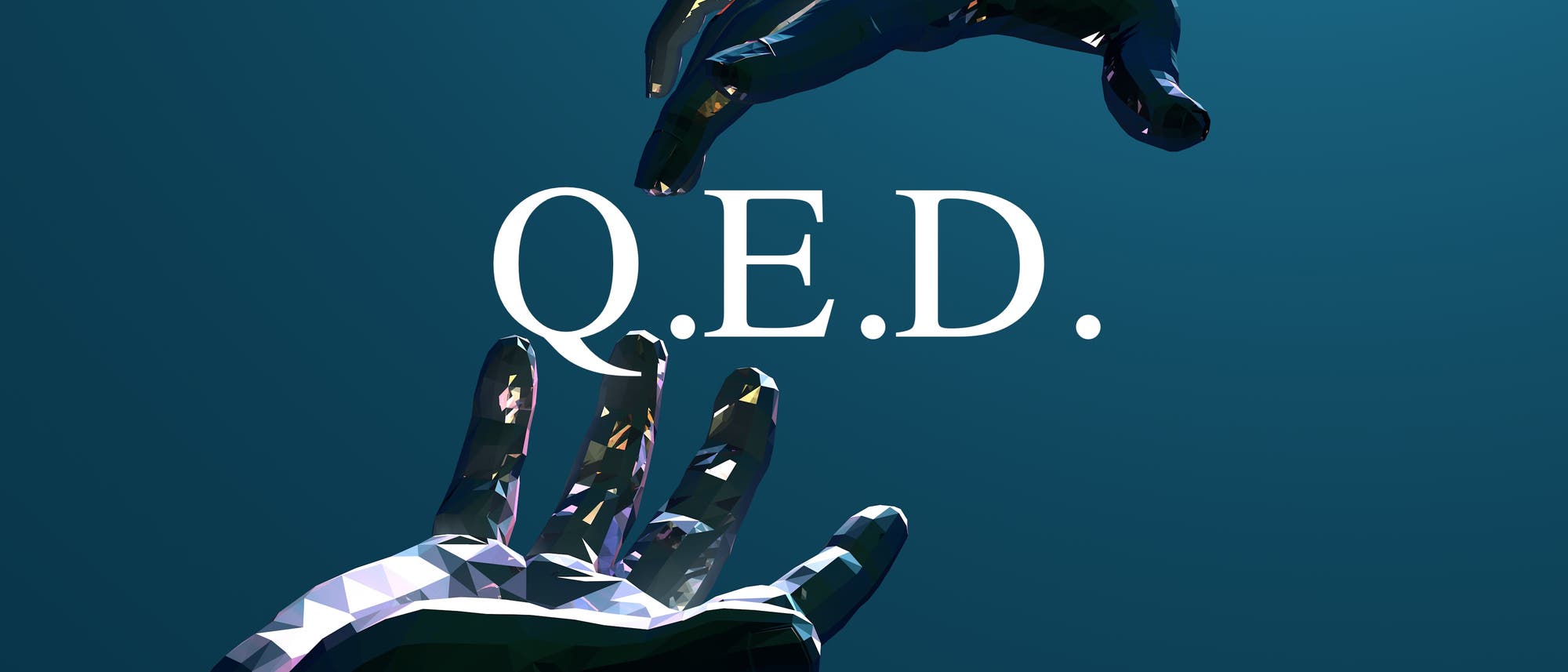 Eine 3D-Darstellung von zwei stilisierten H&auml;nden, die sich in einem dunklen, blauen Raum einander n&auml;hern. Die obere Hand ist nach unten ausgestreckt, w&auml;hrend die untere Hand nach oben zeigt. Beide H&auml;nde sind in einem facettenreichen, polygonalen Stil gehalten, der Lichtreflexionen und Schatten betont. Die Szene vermittelt ein Gef&uuml;hl von Verbindung und Interaktion.