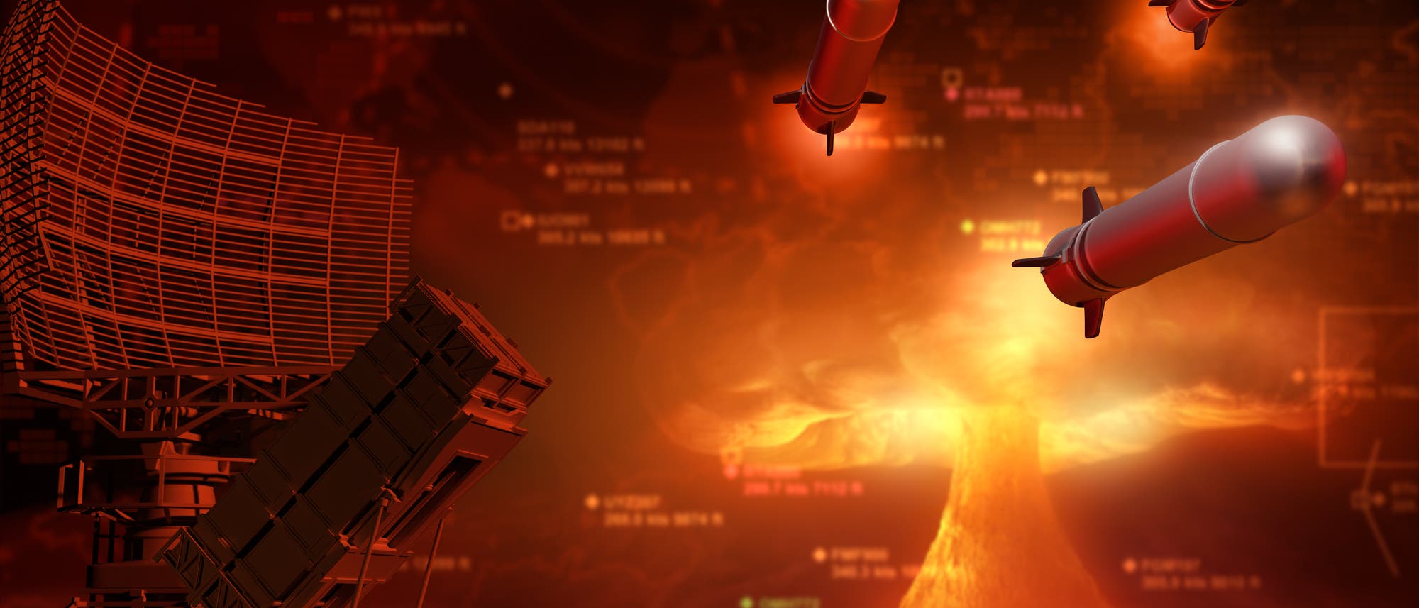 Eine 3-D-Darstellung zeigt eine Szene mit einem Radarsystem im Vordergrund und mehreren Raketen, die durch die Luft fliegen. Im Hintergrund ist eine atomare Explosion zu sehen, die an einen Atompilz erinnert. Auf einem digitalen Bildschirm im Hintergrund sind schemenhaft Karten und Datenpunkte zu erkennen.