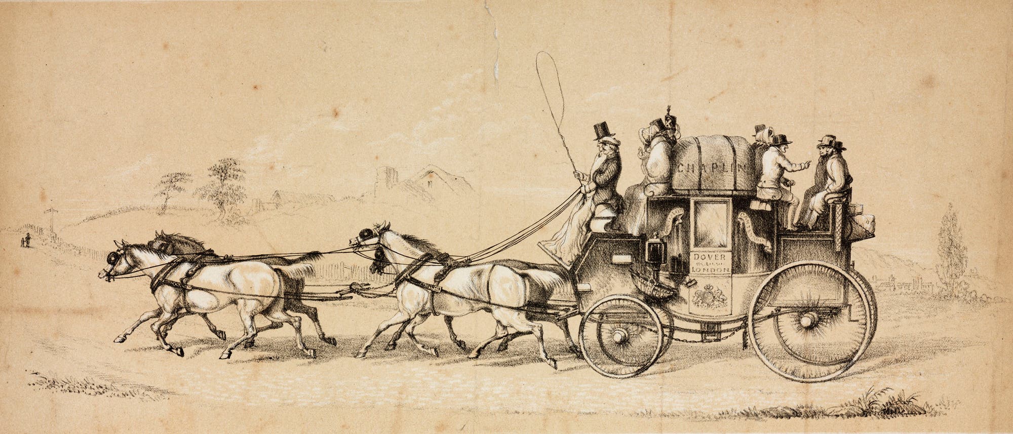Eine historische Skizze zeigt eine Pferdekutsche, die von vier Pferden gezogen wird. Der Kutscher sitzt vorne und h&auml;lt die Z&uuml;gel, w&auml;hrend mehrere Passagiere auf der Kutsche sitzen. Die Kutsche tr&auml;gt die Aufschrift "Dover" und "London". Im Hintergrund ist eine l&auml;ndliche Landschaft mit B&auml;umen und H&uuml;geln zu sehen. Die Zeichnung vermittelt ein Gef&uuml;hl von Bewegung und Reise im 19. Jahrhundert.