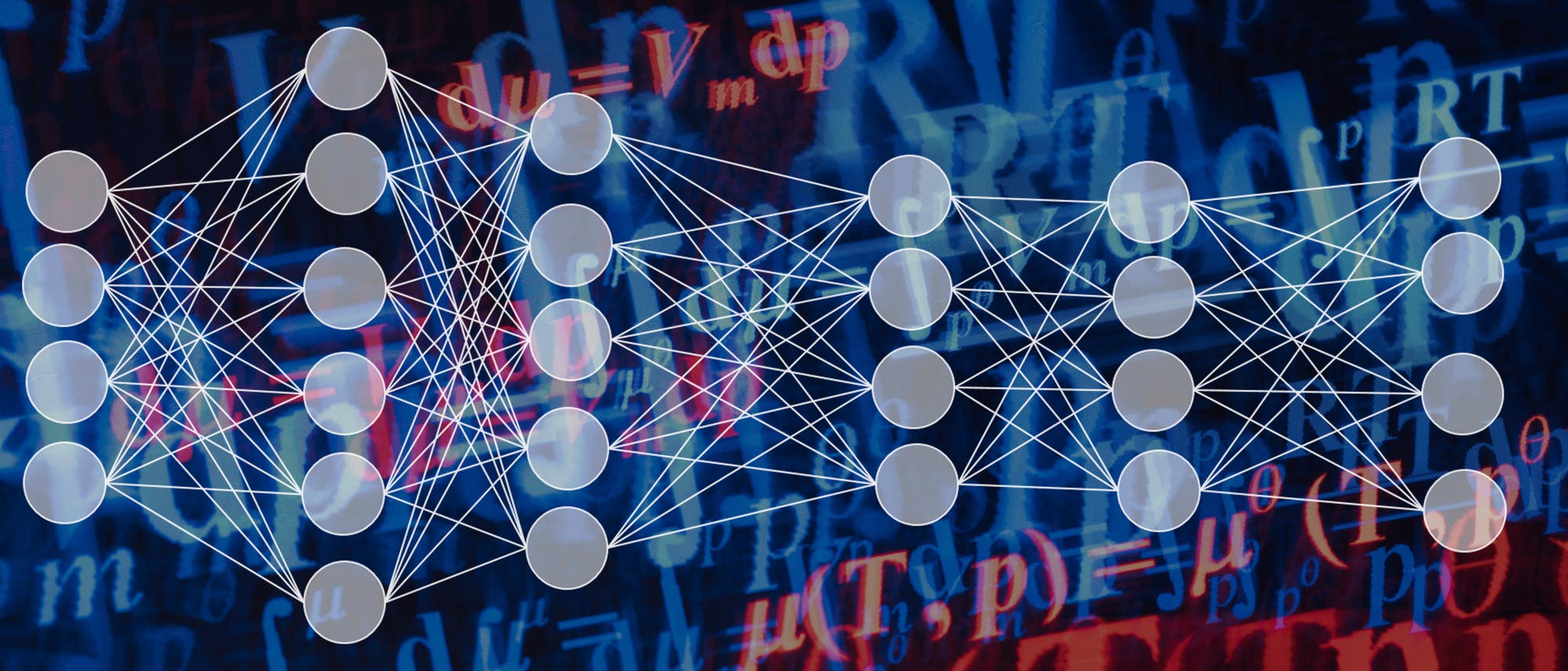 Ein schematisches Diagramm eines neuronalen Netzwerks mit mehreren Schichten von Knoten, die durch Linien verbunden sind, vor einem Hintergrund aus mathematischen Formeln und Symbolen. Das Bild veranschaulicht die Struktur und Komplexit&auml;t von neuronalen Netzwerken in der Datenverarbeitung. Wichtige Begriffe wie "dp" und "&mu;" sind im Hintergrund sichtbar.