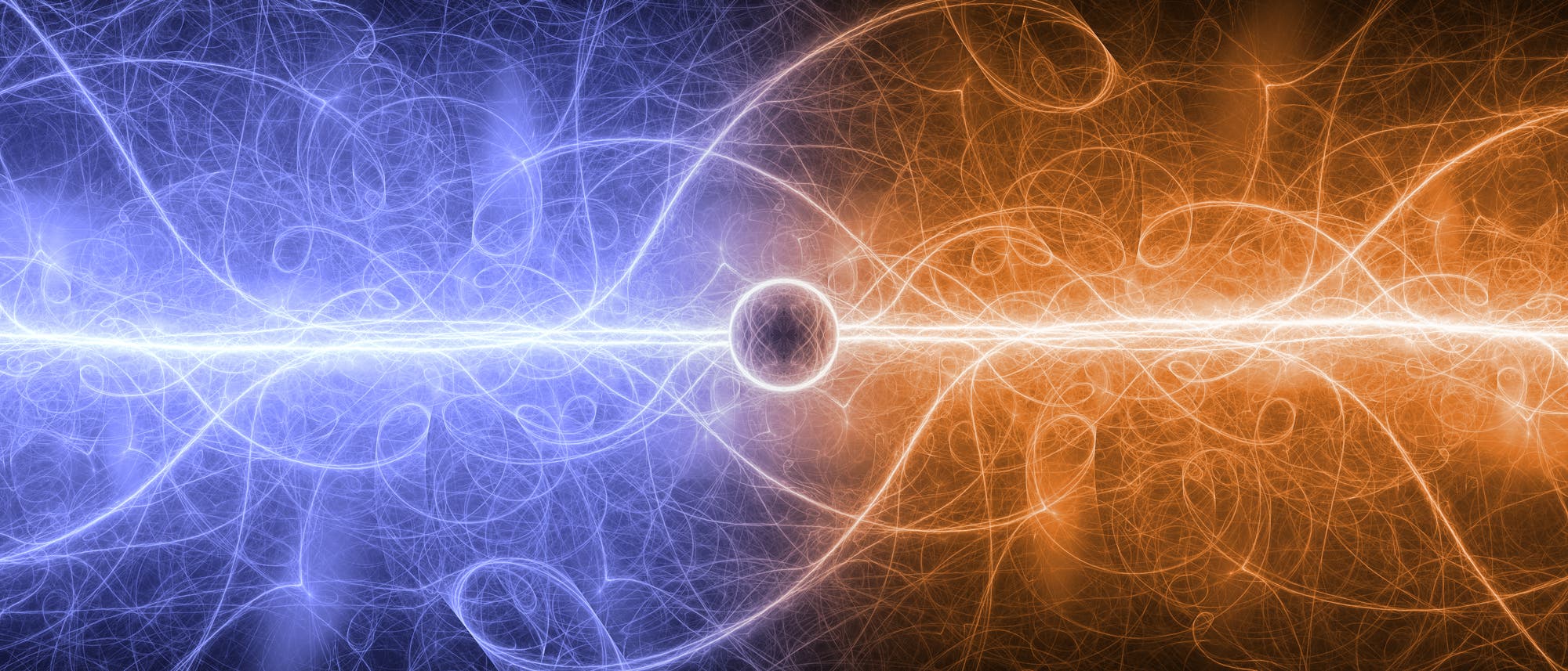 Abstrakte Darstellung von Energiewellen, die sich in der Mitte treffen. Links dominieren blaue, rechts orangefarbene Linien, die sich in geschwungenen Mustern überlagern. In der Mitte verbindet ein heller Lichtstrahl die beiden Hälften, mit einem zentralen Punkt, der die Balance zwischen den beiden Energien symbolisiert. Die Komposition vermittelt ein Gefühl von Dynamik und Kontrast. Abstrakte Darstellung von Energiewellen, die sich in der Mitte treffen. Links dominieren blaue, rechts orangefarbene Linien, die sich in geschwungenen Mustern überlagern. In der Mitte verbindet ein heller Lichtstrahl die beiden Hälften, mit einem zentralen Punkt, der die Balance zwischen den beiden Energien symbolisiert. Die Komposition vermittelt ein Gefühl von Dynamik und Kontrast.