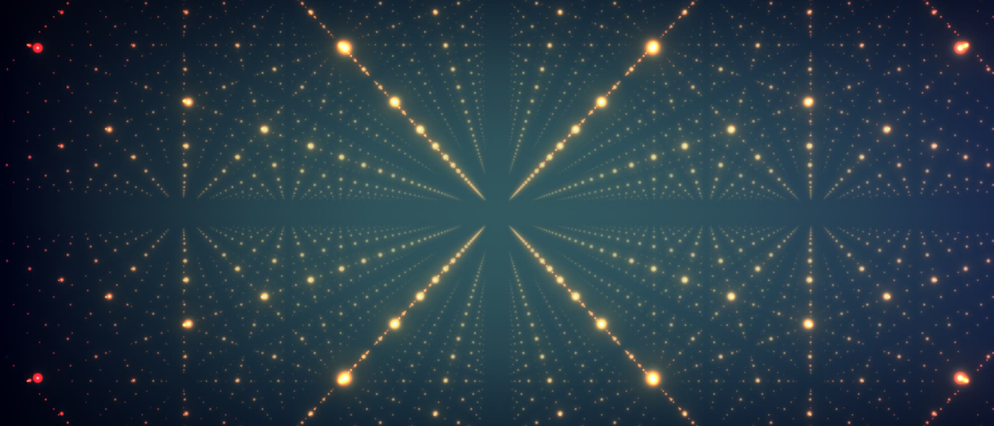 Ein symmetrisches, astronomisches Bild zeigt ein Muster aus leuchtenden Punkten, die sich von einem zentralen Punkt strahlenf&ouml;rmig ausbreiten. Die Punkte variieren in Helligkeit und Gr&ouml;&szlig;e und erzeugen ein kaleidoskopartiges Muster auf einem dunklen Hintergrund. Dieses Bild vermittelt den Eindruck eines Sternenhimmels oder einer galaktischen Formation.