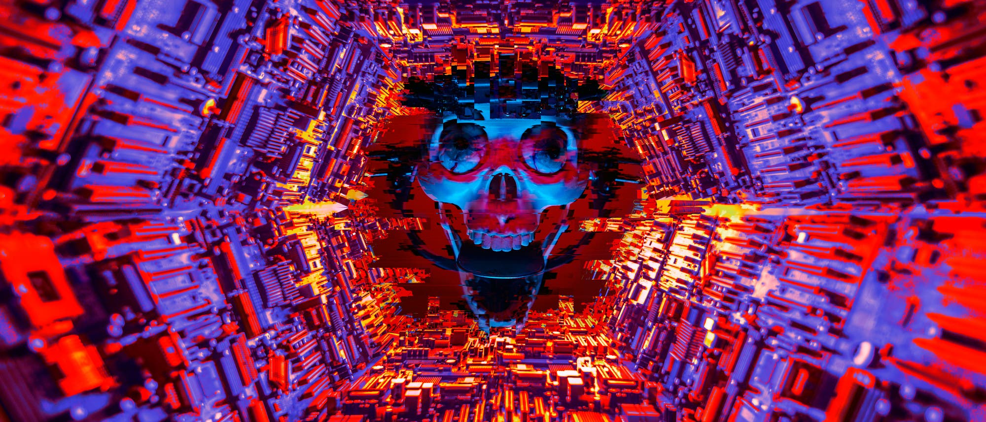 Eine digitale Illustration zeigt einen stilisierten, bedrohlichen Totenkopf in der Mitte eines symmetrischen, tunnelartigen Raums. Die Umgebung besteht aus elektronischen Schaltkreisen in leuchtenden Rot- und Violetttönen.