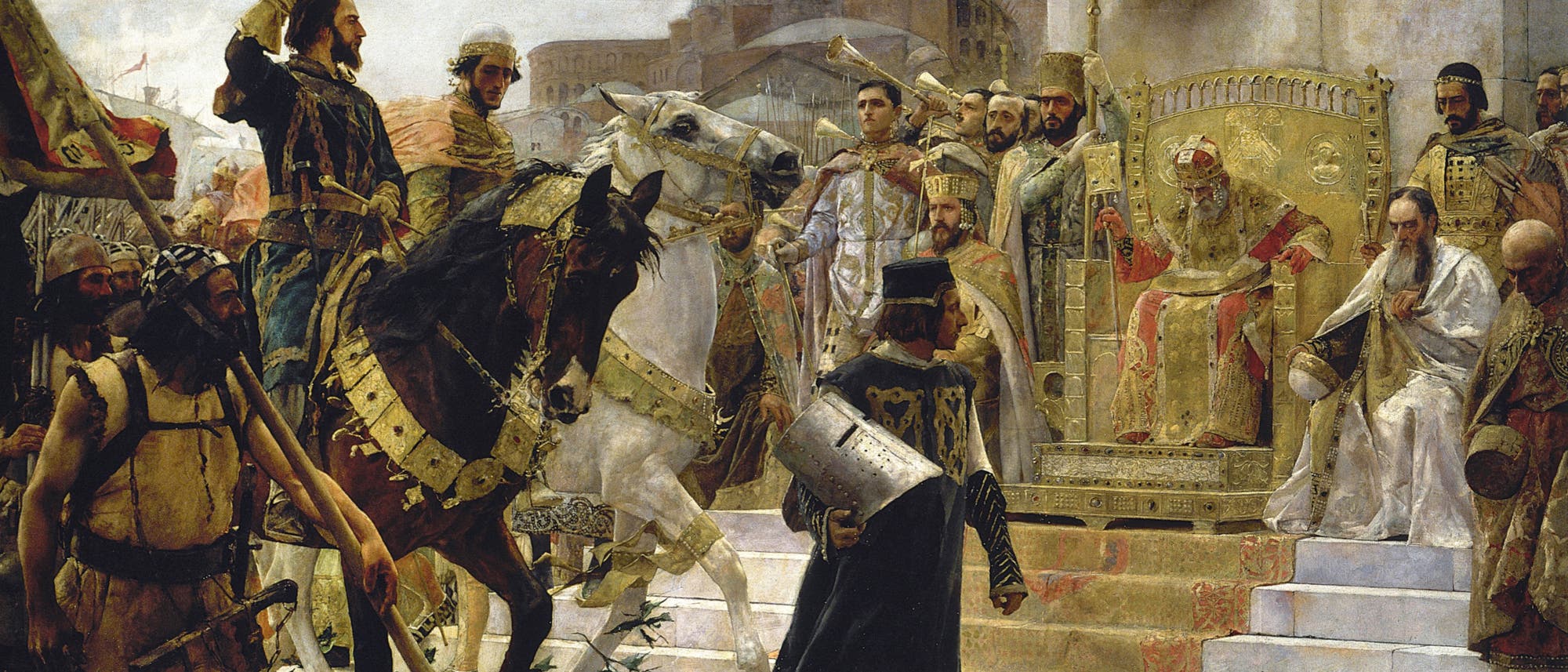 Eine historische Szene zeigt eine Gruppe von Menschen in prächtigen Gewändern vor einem imposanten Gebäude. Im Zentrum sitzt eine Person auf einem reich verzierten Thron, umgeben von Beratern und Wachen. Links reitet eine Figur auf einem geschmückten Pferd, während andere Personen zu Fuß gehen. Die Architektur im Hintergrund erinnert an byzantinische Bauwerke. Die Szene vermittelt einen Eindruck von Macht und Zeremonie.