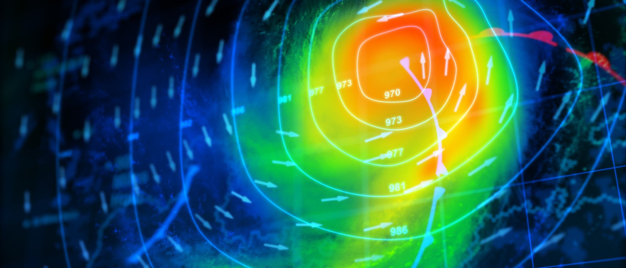 Eine Wetterkarte zeigt ein Tiefdruckgebiet mit konzentrischen Isobaren und Pfeilen, die die Windrichtung anzeigen. Eine Wetterkarte zeigt ein Tiefdruckgebiet mit konzentrischen Isobaren und Pfeilen, die die Windrichtung anzeigen.