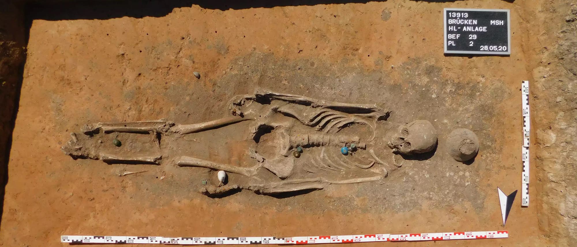 Ein arch&auml;ologisches Foto zeigt ein freigelegtes menschliches Skelett in einer Grabungsst&auml;tte. Das Skelett liegt auf sandigem Boden, umgeben von Messinstrumenten und einer Tafel mit der Aufschrift &bdquo;13913 Br&uuml;cken MSH HLC-Anlage BEF 29 PL 2 28.05.20&ldquo;. Ma&szlig;st&auml;be sind am unteren und am rechten Rand des Bildes sichtbar.
