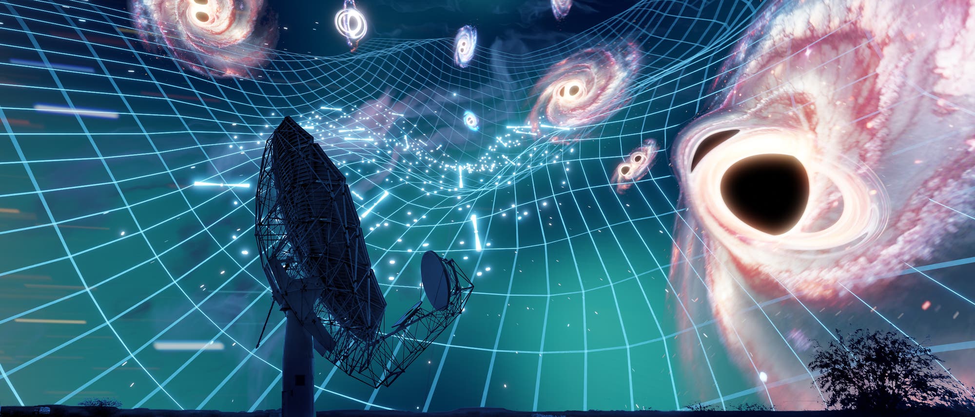 Eine künstlerische Darstellung eines Radioteleskops auf der Erde, das in den Nachthimmel gerichtet ist. Der Himmel zeigt ein Netz, das die Raumzeit symbolisiert, mit mehreren Galaxien und Schwarzen Löchern, die in das Netz eingebettet sind. Die Szene illustriert die Konzepte der Astronomie und der allgemeinen Relativitätstheorie, indem sie die Wechselwirkung zwischen massiven kosmischen Objekten und der Struktur des Universums visualisiert. Eine künstlerische Darstellung eines Radioteleskops auf der Erde, das in den Nachthimmel gerichtet ist. Der Himmel zeigt ein Netz, das die Raumzeit symbolisiert, mit mehreren Galaxien und Schwarzen Löchern, die in das Netz eingebettet sind. Die Szene illustriert die Konzepte der Astronomie und der allgemeinen Relativitätstheorie, indem sie die Wechselwirkung zwischen massiven kosmischen Objekten und der Struktur des Universums visualisiert.
