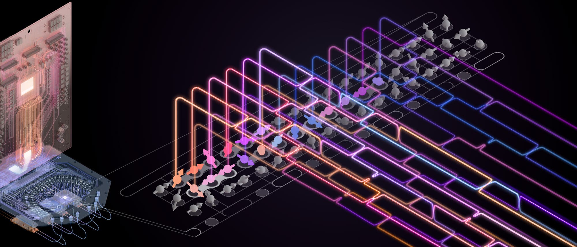 Ein Schaltkreis-Diagramm zeigt eine komplexe Anordnung von leuchtenden, farbigen Linien, die sich überlappen und mit Pfeilen auf einer Ebene verbunden sind, die Spins symbolisieren. Links ist eine transparente, vertikale Platine mit elektronischen Komponenten zu sehen. Die Linien verlaufen von der Platine zu einer Matrix von kleinen, grauen Strukturen. Die Farben der Linien variieren zwischen Pink, Blau, Lila und Orange. Der Hintergrund ist dunkel, um die leuchtenden Linien hervorzuheben. Ein Schaltkreis-Diagramm zeigt eine komplexe Anordnung von leuchtenden, farbigen Linien, die sich überlappen und mit Pfeilen auf einer Ebene verbunden sind, die Spins symbolisieren. Links ist eine transparente, vertikale Platine mit elektronischen Komponenten zu sehen. Die Linien verlaufen von der Platine zu einer Matrix von kleinen, grauen Strukturen. Die Farben der Linien variieren zwischen Pink, Blau, Lila und Orange. Der Hintergrund ist dunkel, um die leuchtenden Linien hervorzuheben.