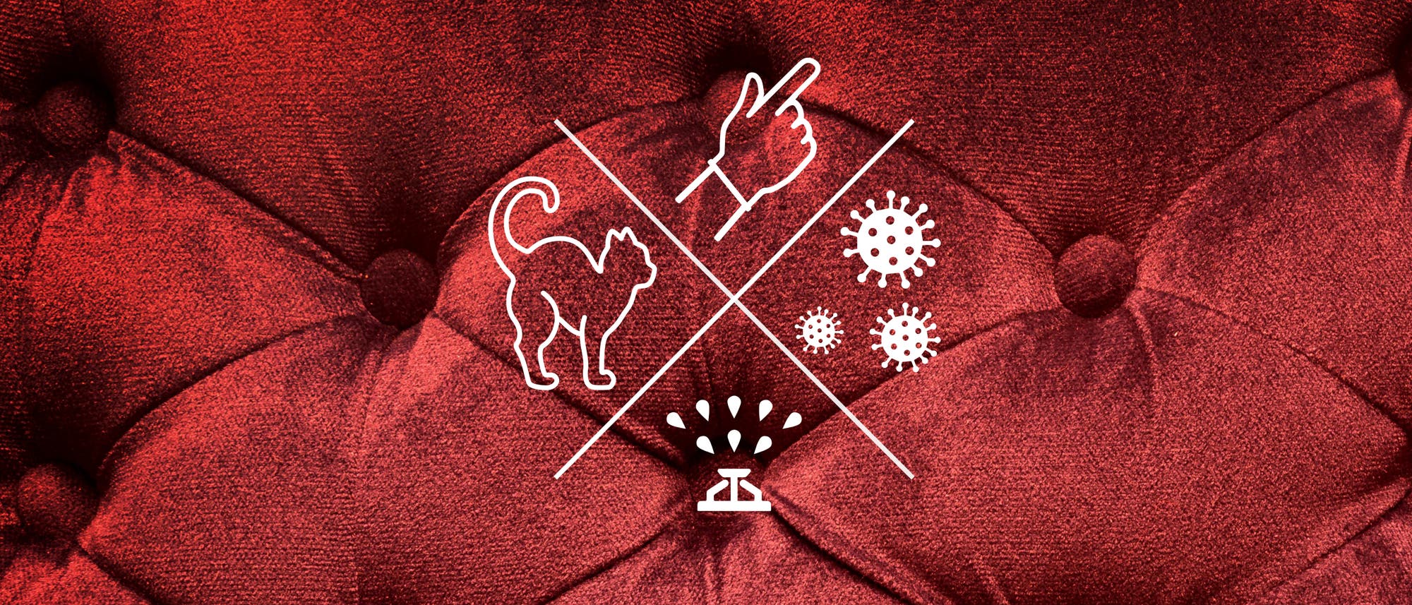 Symbole vor rotem Plüsch: Rasensprenger, Katze, Finger und Viren