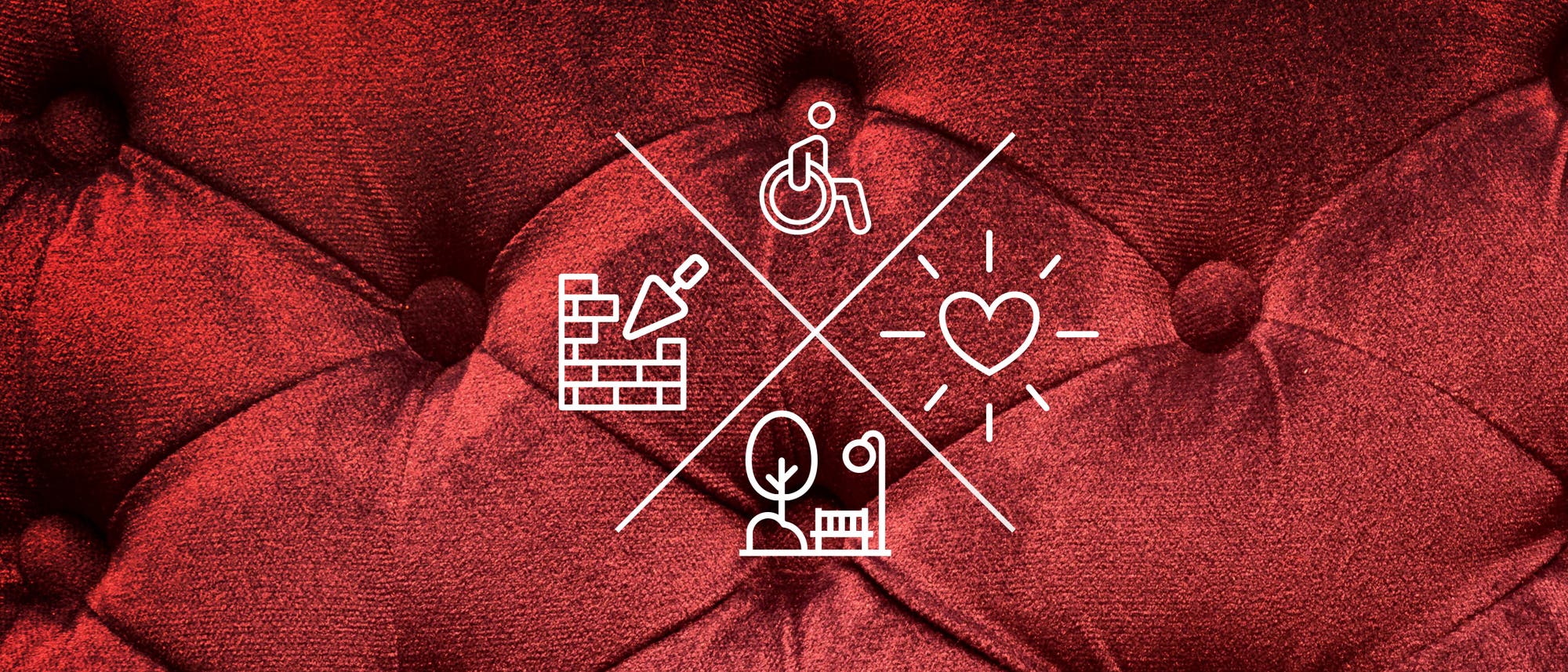 Symbole vor rotem Plüsch: Sanierungsarbeiten, Rollstuhl, Liebe, Parkbank