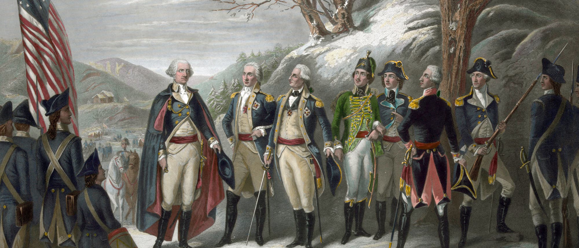George Washington (links) mit seinen Unterstützern, von Steuben ist Dritter von links