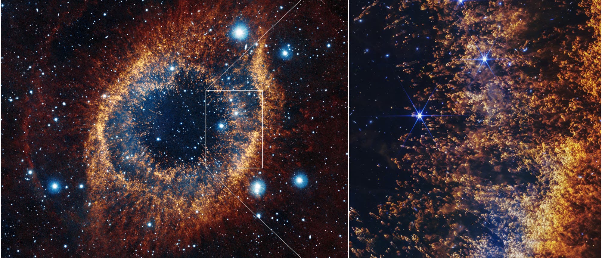 Das Bild zeigt eine astronomische Aufnahme des Helixnebels, bestehend aus zwei Teilen. Links ist eine Weitwinkelansicht des Nebels, aufgenommen vom VISTA-Teleskop, die die charakteristische ringf&ouml;rmige Struktur mit leuchtenden blauen und orangefarbenen Bereichen zeigt. Rechts ist eine Nahaufnahme desselben Nebels, aufgenommen vom Webb-Teleskop, die detaillierte Strukturen und leuchtende Sterne innerhalb des Nebels hervorhebt. Die Aufnahme verdeutlicht die Unterschiede in der Detailgenauigkeit der beiden Teleskope. Schl&uuml;sselw&ouml;rter: Helixnebel, VISTA, Webb, Astronomie, Teleskop.