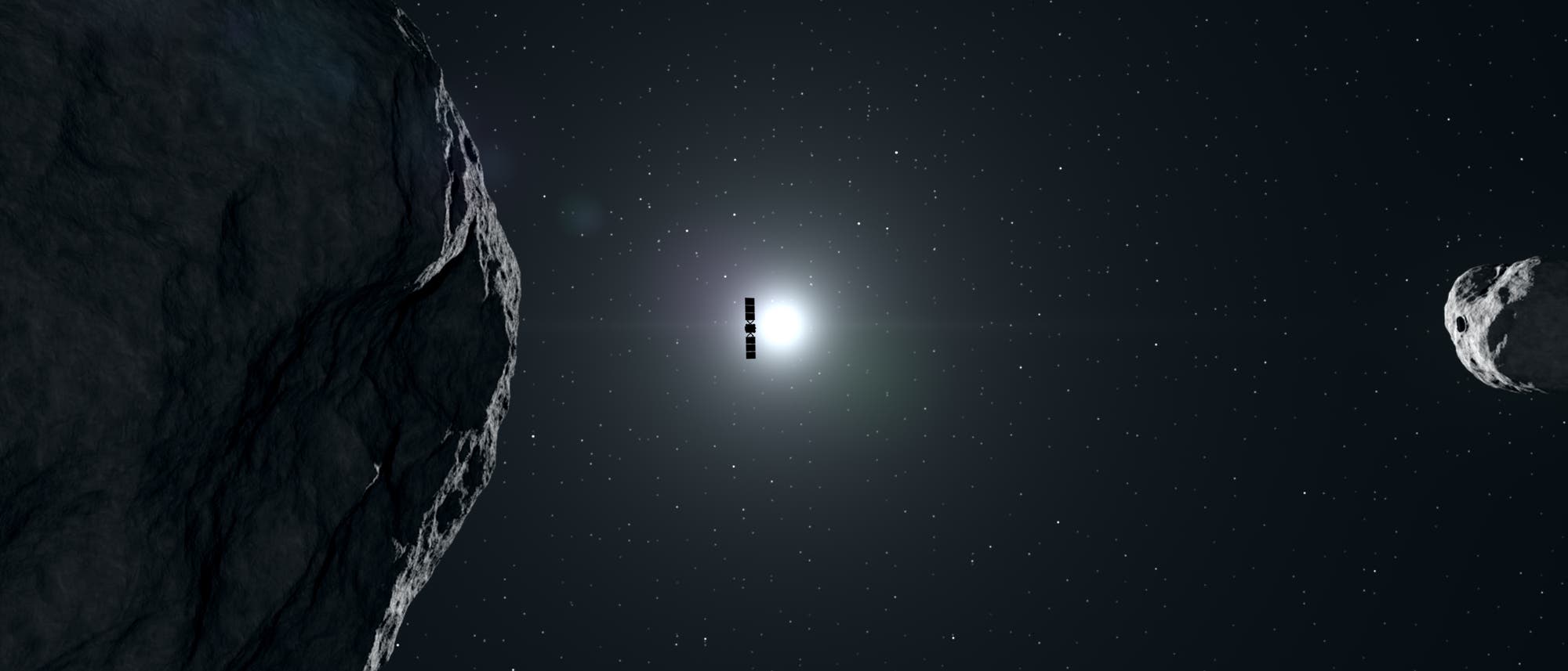 Die Raumsonde Hera zwischen dem Asteroiden Didymos und dessen Mond Dimorphos.