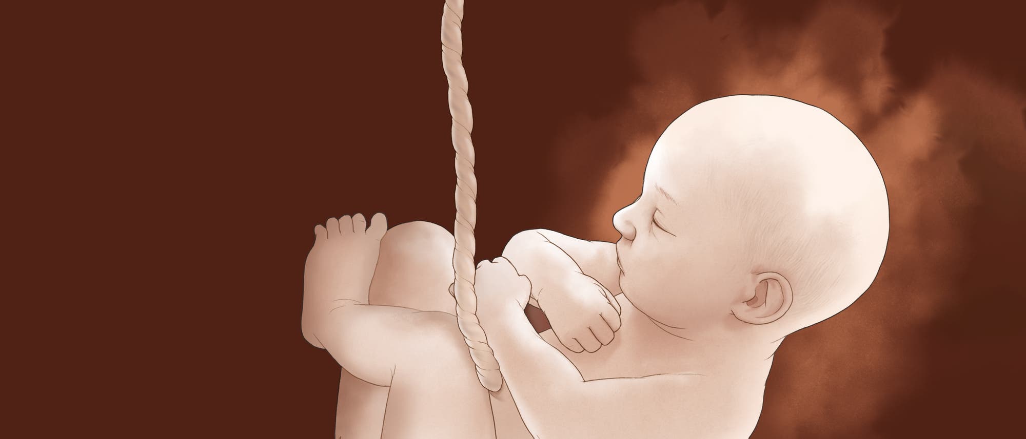 Ein gezeichneter Embryo schwimmt an seiner Nabelschnur vor braunem Hintergrund.
