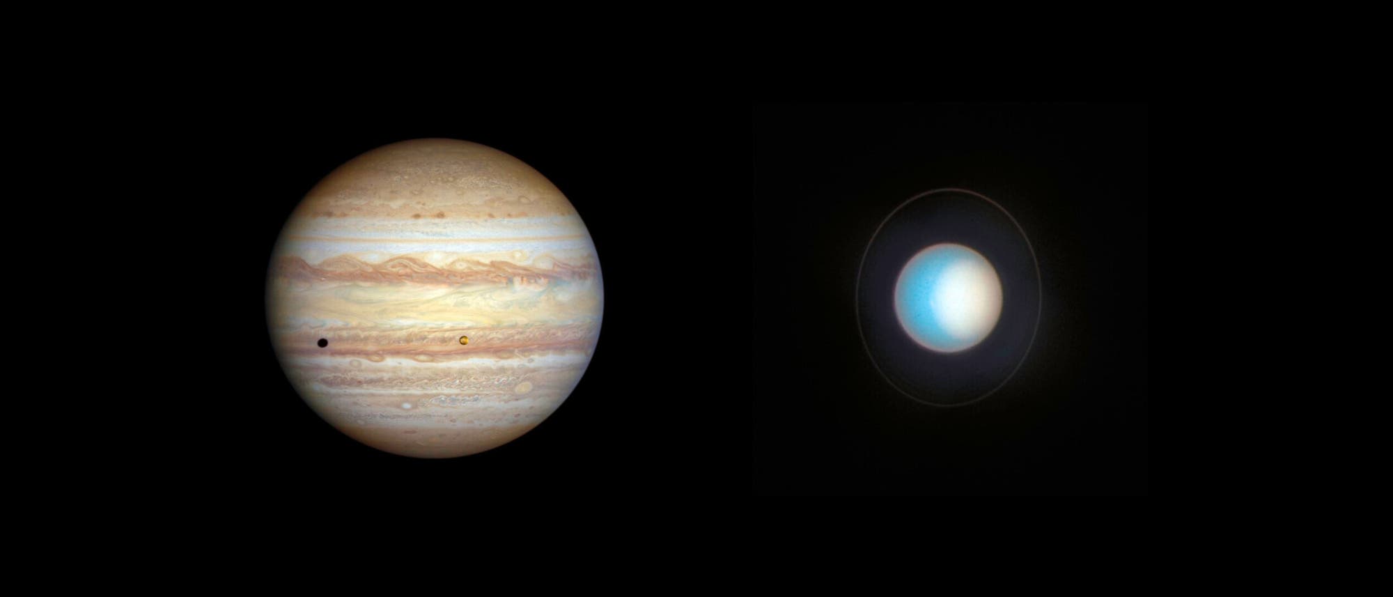 Bilder von Jupiter und Uranus nebeneinander montiert.