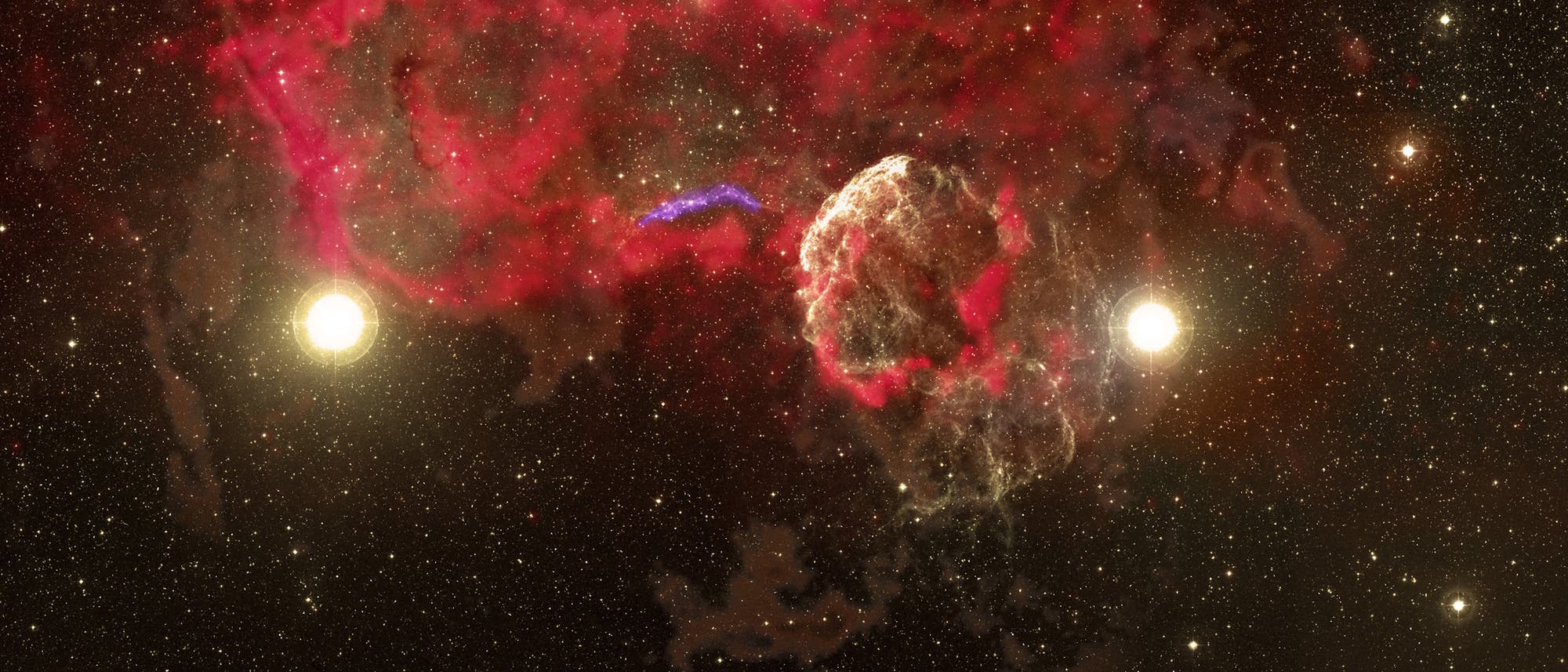 Ein astronomisches Bild zeigt eine farbenfrohe Nebelstruktur im Weltraum. Im Zentrum sind zwei helle Sterne zu sehen, umgeben von roten und violetten Gaswolken. Der Hintergrund ist mit zahlreichen kleineren Sternen &uuml;bers&auml;t. Die Nebelstruktur hat eine komplexe, wolkenartige Form, die sich &uuml;ber das Bild erstreckt.
