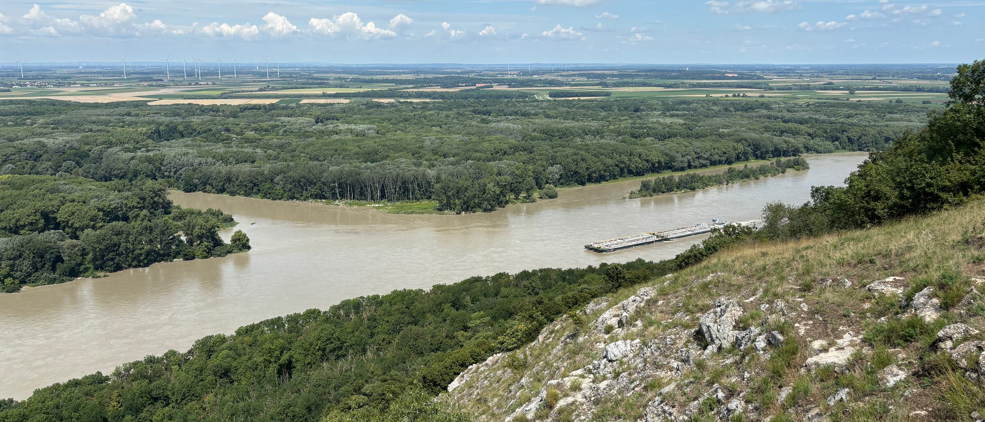 Eine weitläufige Landschaft mit einem Fluss, der sich durch eine grüne, bewaldete Ebene schlängelt. Im Vordergrund ist ein felsiger Hügel mit Gras und Bäumen zu sehen. Am Horizont erstrecken sich Felder und Windkraftanlagen unter einem blauen Himmel mit vereinzelten Wolken. Ein Frachtschiff ist auf dem Fluss sichtbar.