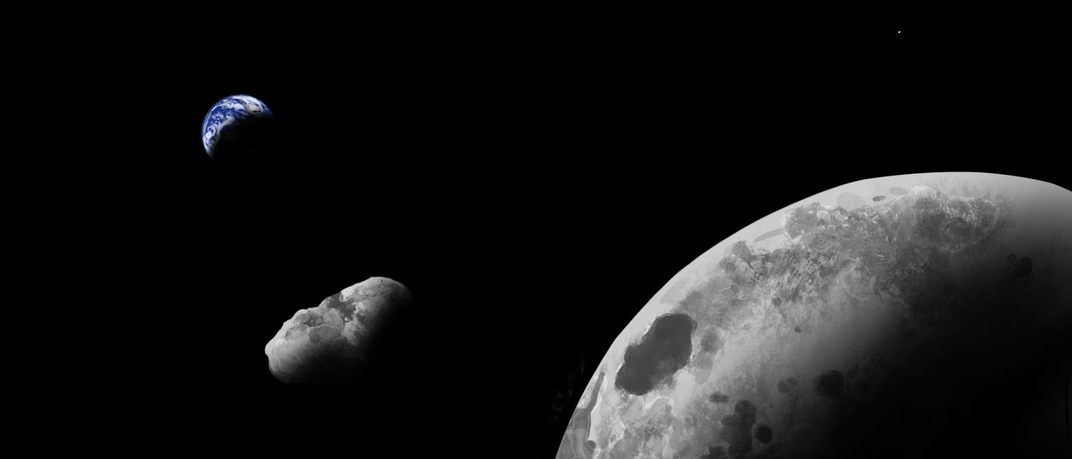 Eine Weltraumszene zeigt den Mond im Vordergrund, die Erde im Hintergrund und einen Asteroiden dazwischen. Der Mond ist detailliert mit sichtbaren Kratern und Schatten. Die Erde erscheint klein und blau-weiß, während der Asteroid unregelmäßig geformt ist. Der schwarze Weltraum bildet den Hintergrund. Eine Weltraumszene zeigt den Mond im Vordergrund, die Erde im Hintergrund und einen Asteroiden dazwischen. Der Mond ist detailliert mit sichtbaren Kratern und Schatten. Die Erde erscheint klein und blau-weiß, während der Asteroid unregelmäßig geformt ist. Der schwarze Weltraum bildet den Hintergrund.