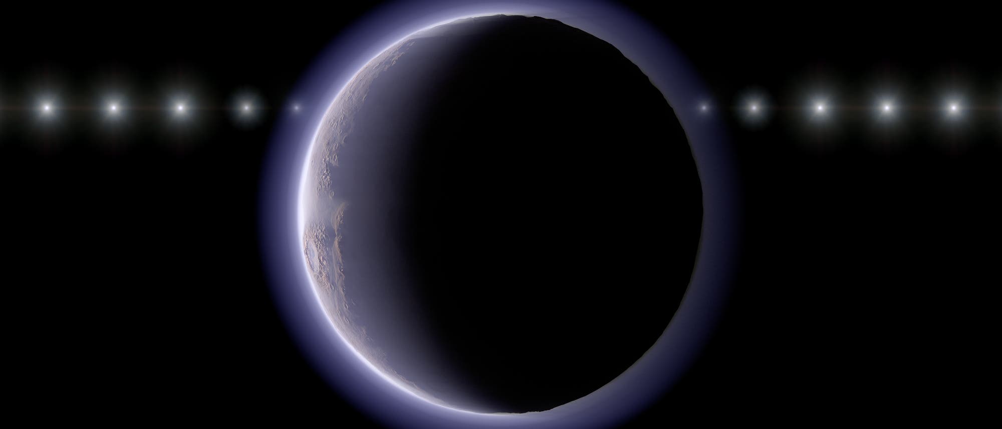 Eine wissenschaftliche Abbildung zeigt einen Planeten im Weltraum, teilweise im Schatten, mit einem leuchtenden Rand, der die Atmosph&auml;re darstellt. Im Hintergrund sind mehrere helle Lichtpunkte in einer Linie angeordnet, die Sterne oder andere Himmelsk&ouml;rper darstellen k&ouml;nnten. Der Fokus liegt auf der Darstellung der planetarischen Atmosph&auml;re und der kosmischen Umgebung.