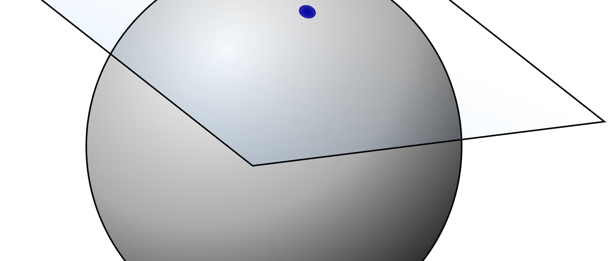 Eine graue Kugel mit einer transparenten, schräg verlaufenden Ebene, die sie durchschneidet. Auf der Oberfläche der Kugel befindet sich ein blauer Punkt oberhalb der Ebene. Die Darstellung veranschaulicht die Geometrie einer Kugel im Raum mit einer Schnittebene. Eine graue Kugel mit einer transparenten, schräg verlaufenden Ebene, die sie durchschneidet. Auf der Oberfläche der Kugel befindet sich ein blauer Punkt oberhalb der Ebene. Die Darstellung veranschaulicht die Geometrie einer Kugel im Raum mit einer Schnittebene.