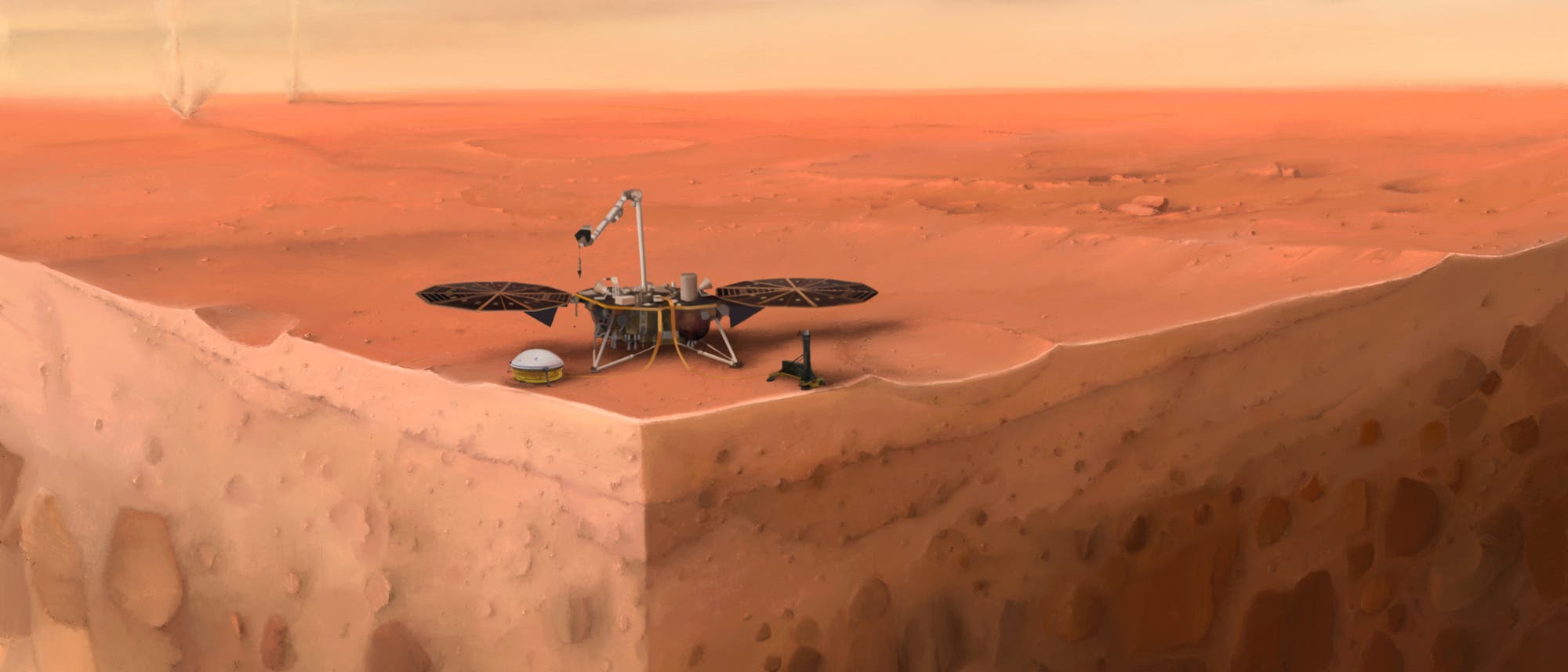 In dieser künstlerischen Darstellung des InSight-Landers der NASA auf dem Mars sind Schichten des Planetenuntergrunds zu sehen.