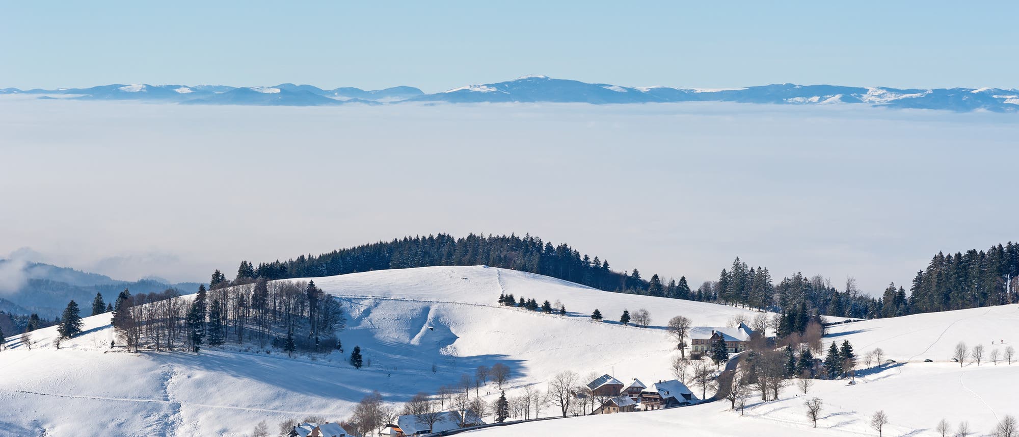 Inversionswetterlage im Schwarzwald: Während die Gipfel im Sonnenschein baden, hängt im Tal der Nebel