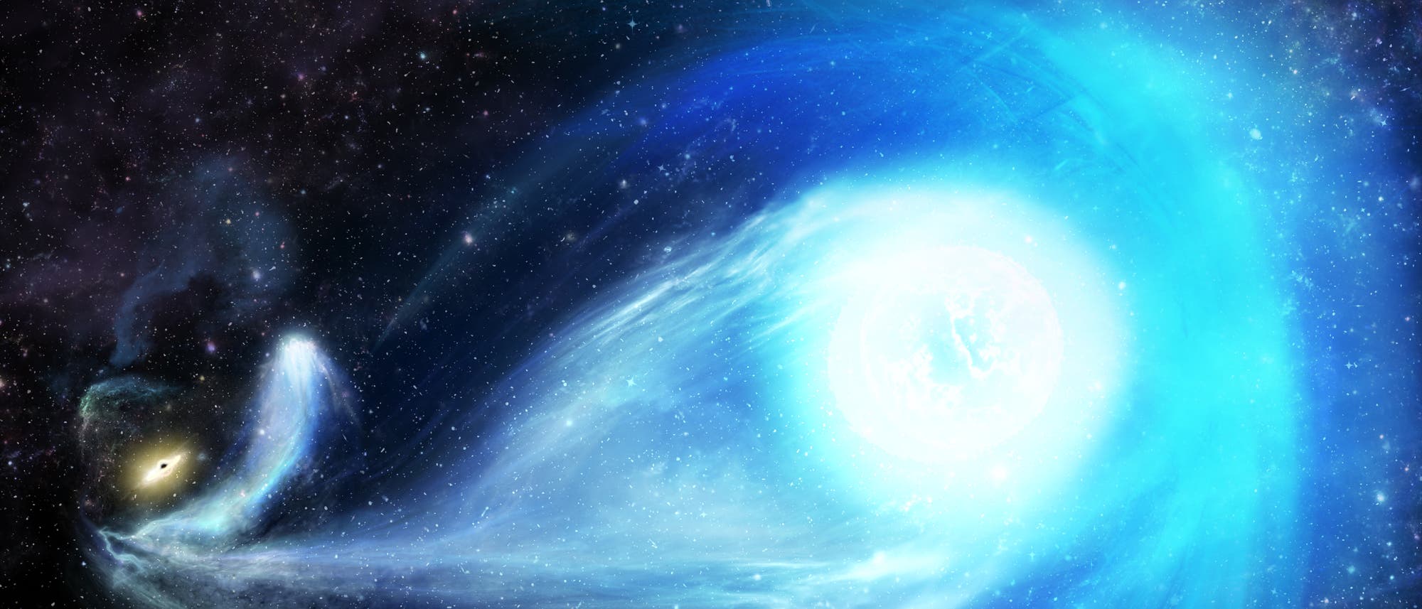 Eine k&uuml;nstlerische Darstellung eines astronomischen Ph&auml;nomens im Weltraum. Ein heller, blauer Stern strahlt intensiv und zieht eine leuchtende Materiespur hinter sich her, die in Richtung eines schwarzen Lochs links im Bild flie&szlig;t. Der Hintergrund zeigt einen sternen&uuml;bers&auml;ten Weltraum mit dunklen und leuchtenden Nebelstrukturen. Das Bild veranschaulicht die Dynamik zwischen einem Stern und einem schwarzen Loch.