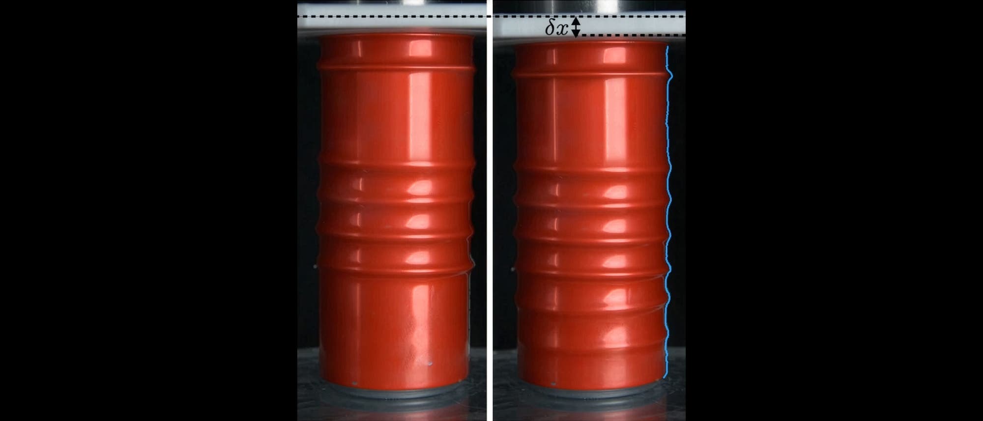 Ein Bild zeigt zwei rote Getr&auml;nkedosen nebeneinander. Die linke Dose ist unbesch&auml;digt, w&auml;hrend die rechte sichtbare Dellen aufweist. &Uuml;ber der rechten Dose ist eine gestrichelte Linie mit der Beschriftung &bdquo;&delta;x&ldquo; zu sehen, die auf eine Verformung hinweist. Das Bild veranschaulicht den Effekt von Druck auf die Struktur der Dosen.