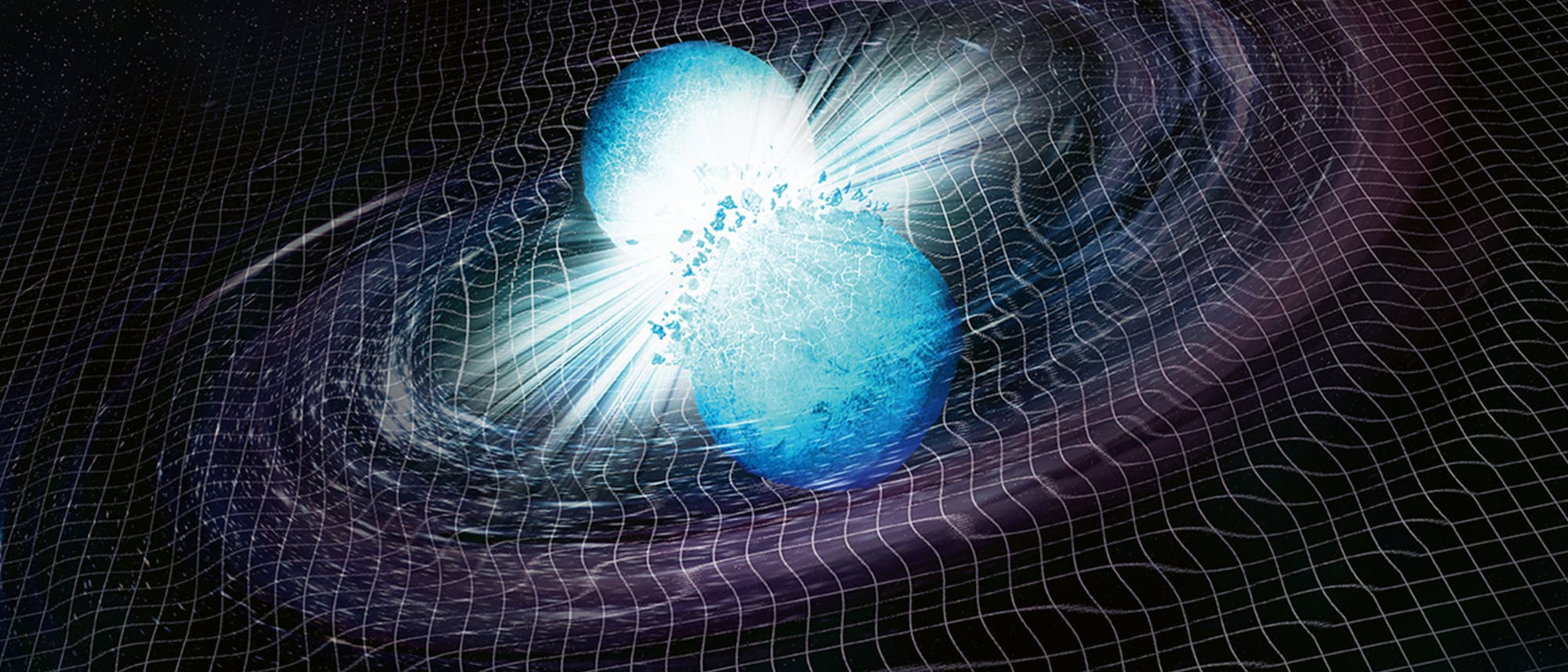 Die Illustration zeigt Neutronensterne, die zusammenstoßen, verschmelzen und die Raumzeit erschüttern