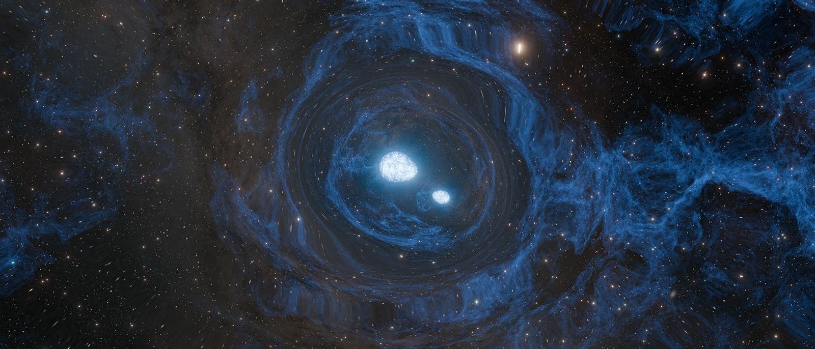 Eine k&uuml;nstlerische Darstellung des Weltraums zeigt zwei helle, leuchtende Objekte, die von blauen, wirbelnden Gas- und Staubstrukturen umgeben sind. Diese Strukturen bilden konzentrische Kreise, die den Eindruck von Bewegung und Tiefe vermitteln. Im Hintergrund sind zahlreiche Sterne vor einem dunklen, sternen&uuml;bers&auml;ten Himmel zu sehen. Das Bild vermittelt ein Gef&uuml;hl von Weite und Komplexit&auml;t des Universums.