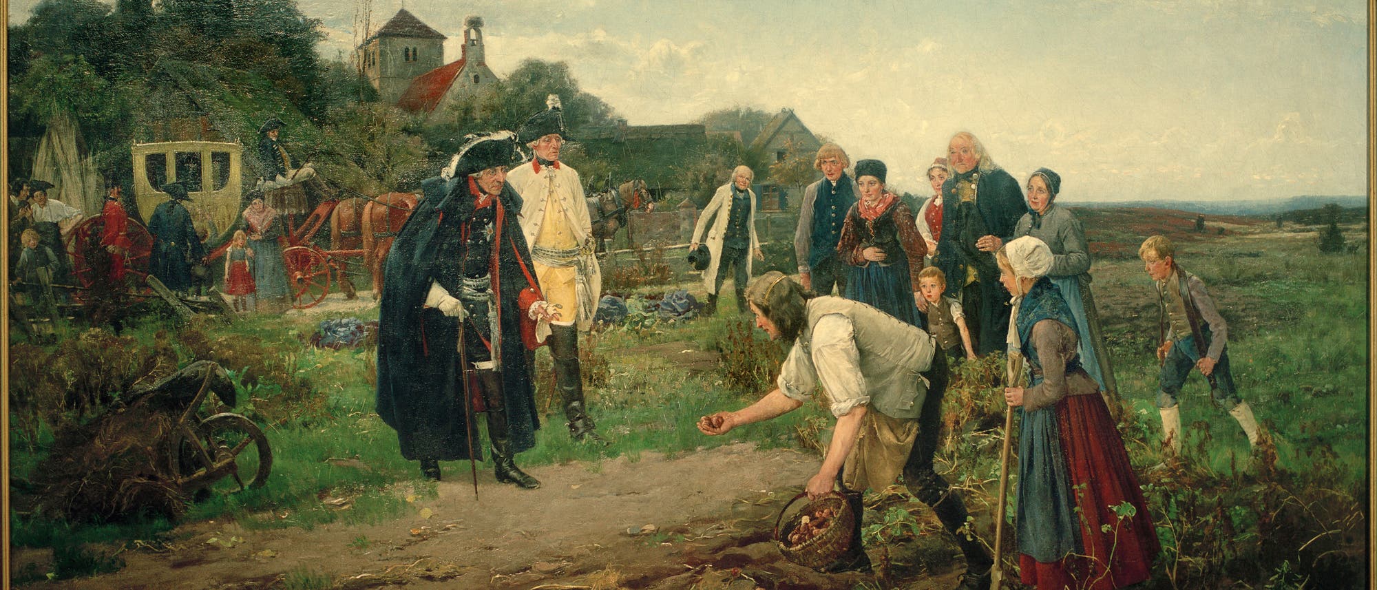Friedrich II. von Preußen besucht Bauern, um die Kartoffelernte zu inspizieren.