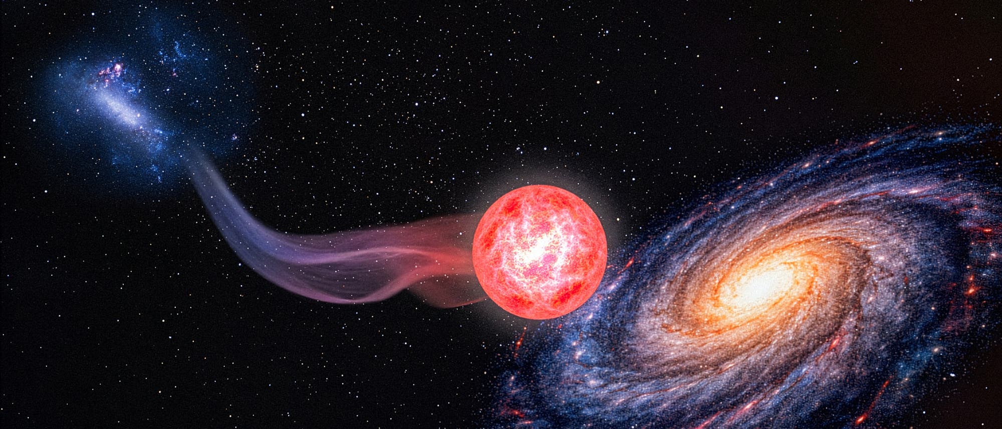 Ilustración de un escenario astronómico en el espacio. En la parte superior izquierda se puede ver una pequeña galaxia, conectada por una brillante corriente gaseosa a una gran estrella roja en el centro de la imagen. En la parte inferior derecha hay una gran galaxia espiral con un centro brillante y resplandeciente. El fondo está salpicado de numerosas estrellas pequeñas. La imagen muestra la interacción dinámica entre los cuerpos celestes y el movimiento de la materia en el universo.