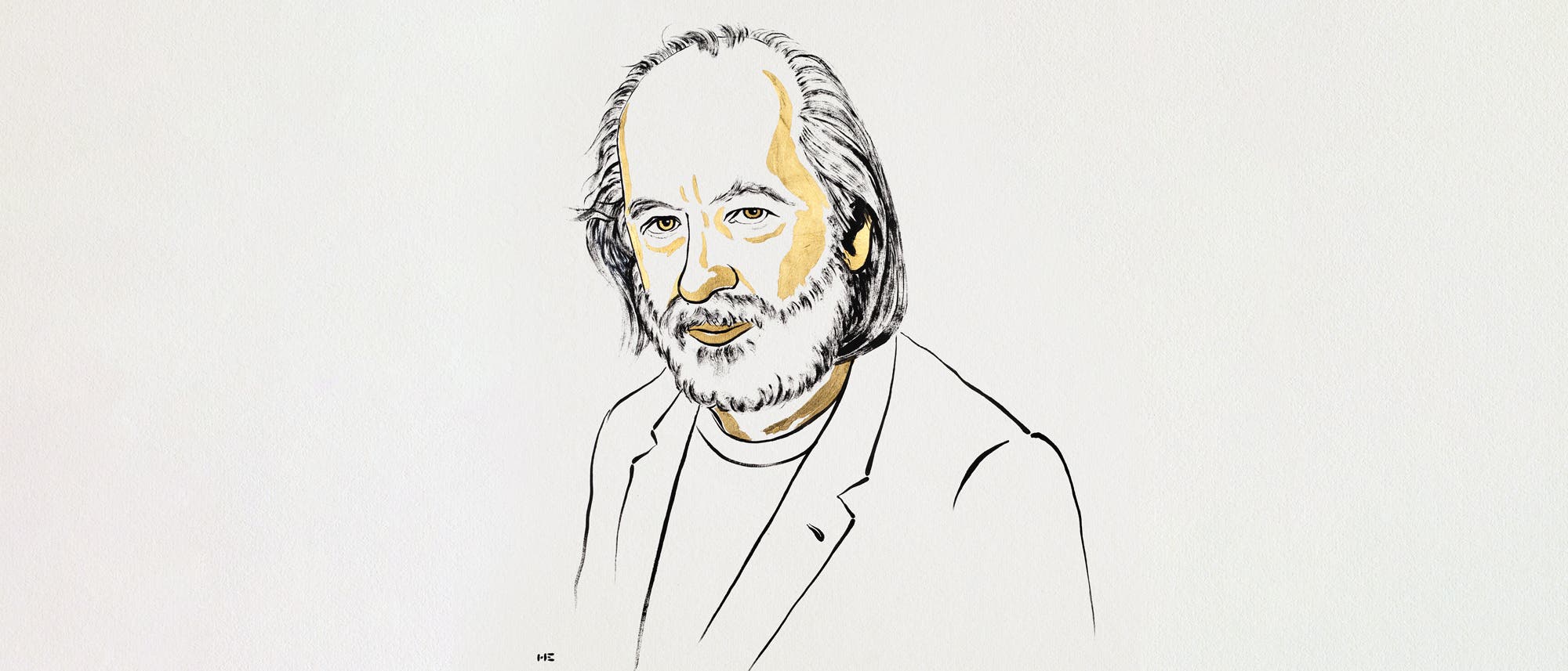 Eine Skizze eines Mannes mit Bart und langen Haaren, der einen Anzug trägt. Die Zeichnung verwendet einfache Linien und Schattierungen, um Gesichtszüge und Kleidung darzustellen. Der Hintergrund ist schlicht und hell, wodurch die Figur im Vordergrund hervorgehoben wird.