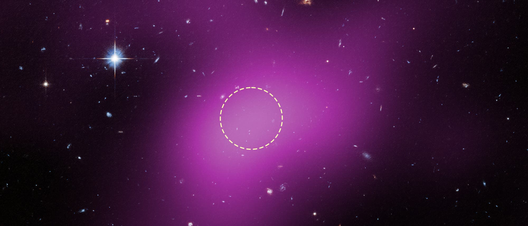 Eine astronomische Aufnahme zeigt einen tiefen Weltraumhintergrund mit zahlreichen Galaxien und Sternen. Ein gro&szlig;er, violetter Nebel dominiert das Bild, mit einem gelb gestrichelten Kreis, der einen bestimmten Bereich innerhalb des Nebels hervorhebt. Der Kontrast zwischen dem dunklen Hintergrund und dem leuchtenden Nebel betont die Weite und Komplexit&auml;t des Universums.