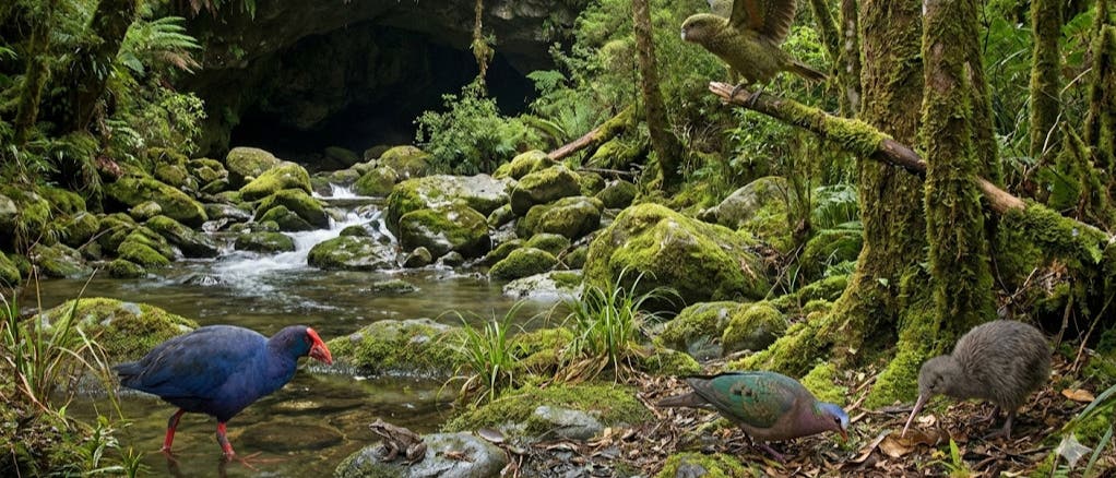 Eine malerische Waldszene mit einem klaren Bach, der über moosbedeckte Steine fließt. Im Vordergrund sind mehrere Vögel zu sehen, darunter ein blauer Vogel mit rotem Schnabel, ein brauner Vogel mit langem Schnabel und ein weiterer Vogel mit grünlichem Gefieder. Ein Vogel sitzt auf einem Ast, der über den Bach ragt. Die Umgebung ist dicht bewachsen mit Bäumen und Farnen, die eine üppige, grüne Kulisse bilden. Eine malerische Waldszene mit einem klaren Bach, der über moosbedeckte Steine fließt. Im Vordergrund sind mehrere Vögel zu sehen, darunter ein blauer Vogel mit rotem Schnabel, ein brauner Vogel mit langem Schnabel und ein weiterer Vogel mit grünlichem Gefieder. Ein Vogel sitzt auf einem Ast, der über den Bach ragt. Die Umgebung ist dicht bewachsen mit Bäumen und Farnen, die eine üppige, grüne Kulisse bilden.