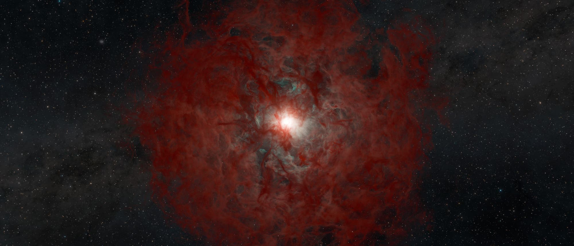 Eine astronomische Abbildung zeigt eine leuchtende, zentrale Lichtquelle, umgeben von roten und gr&uuml;nen Gaswolken, die sich in den Weltraum ausbreiten. Der Hintergrund ist mit zahlreichen Sternen &uuml;bers&auml;t, die die Weite des Universums darstellen. Die Farben und Strukturen der Gaswolken deuten auf eine Nebelbildung hin, die durch interstellare Prozesse entsteht.