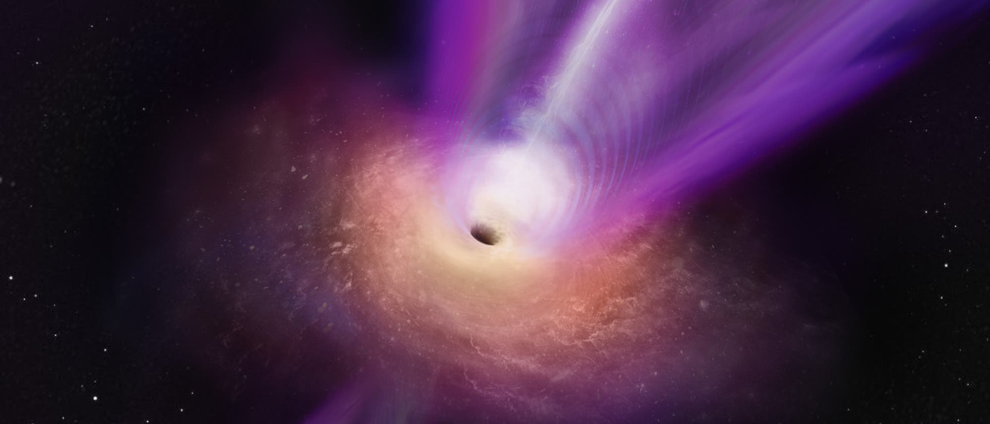 Künstlerische Darstellung des Schwarzen Lochs im Zentrum der Galaxie M87, das gerade einen Jet ausstößt.