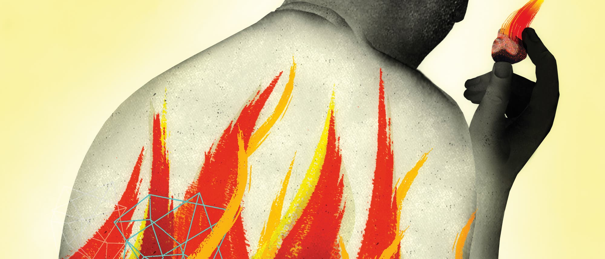 Mann mit züngelnden Flammen am Rücken - Symbolbild für Entzündungen