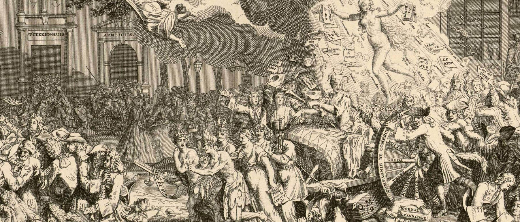 Die große Krise von 1720. Der Stich von Bernard Picart zeigt eine satirische Allegorie auf die Umstände, die zum Zusammenbruch des Finanzsystems führten.