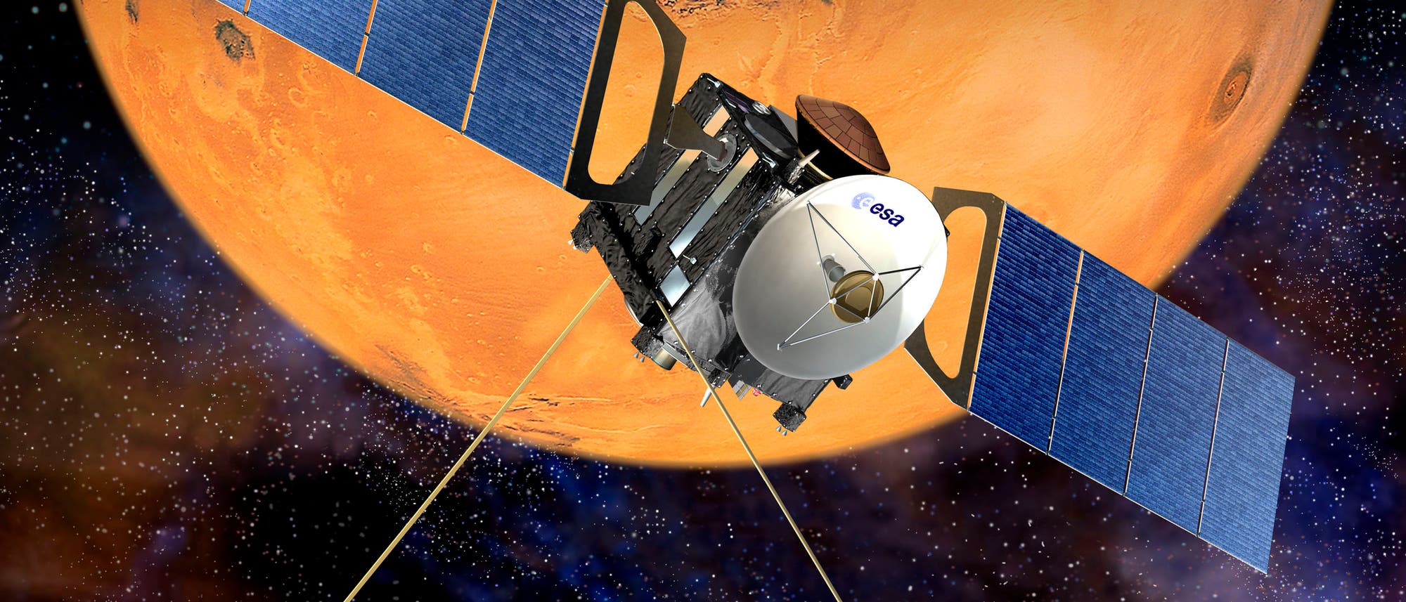 Eine Raumsonde mit großen blauen Solarpanelen schwebt im Weltraum vor dem Hintergrund des Planeten Mars. Auf der Sonde ist das Logo der ESA (Europäische Weltraumorganisation) sichtbar. Der Mars zeigt seine charakteristische rötliche Oberfläche mit Kratern und Tälern. Der Weltraum im Hintergrund ist dunkel mit vielen kleinen Sternen. Eine Raumsonde mit großen blauen Solarpanelen schwebt im Weltraum vor dem Hintergrund des Planeten Mars. Auf der Sonde ist das Logo der ESA (Europäische Weltraumorganisation) sichtbar. Der Mars zeigt seine charakteristische rötliche Oberfläche mit Kratern und Tälern. Der Weltraum im Hintergrund ist dunkel mit vielen kleinen Sternen.
