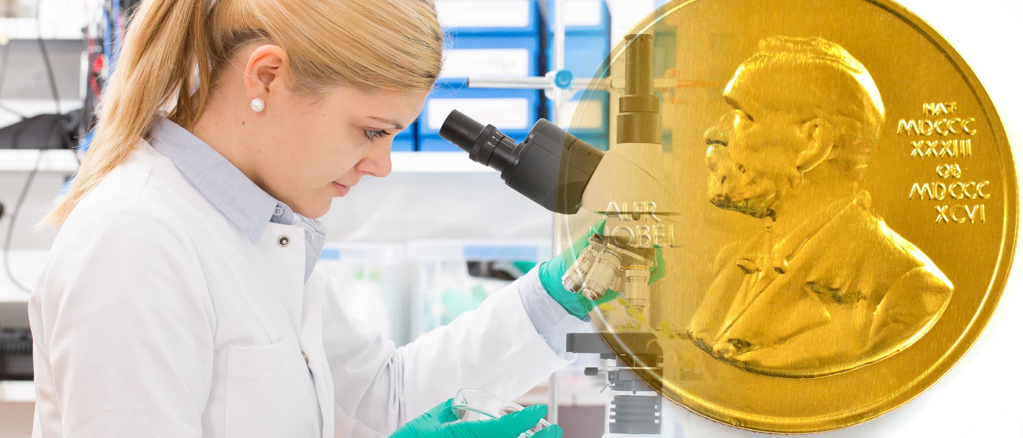 Wissenschaftlerin im Labor kombiniert mit Nobel-Medaille