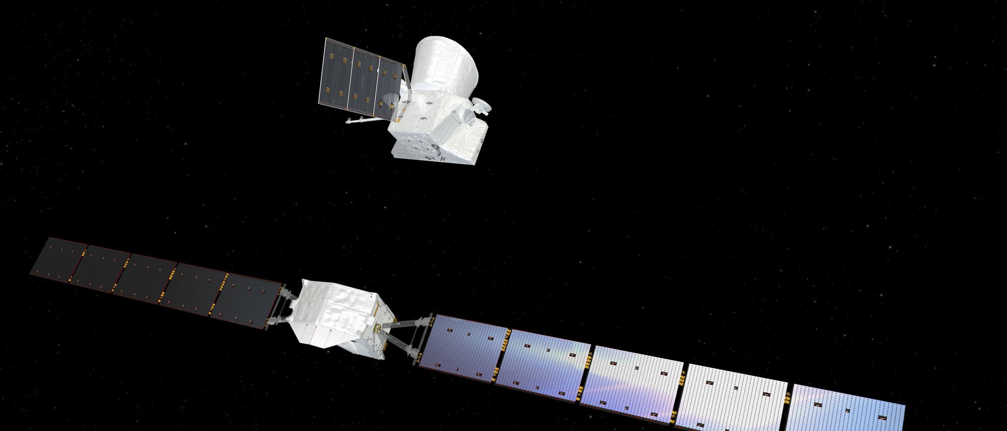 Darstellung von zwei Satelliten im Weltraum vor einem schwarzen Hintergrund mit Sternen. Der obere Satellit hat eine große, runde Antenne und zwei Solarpaneele. Der untere Satellit ist mit mehreren rechteckigen Solarpaneelen ausgestattet, die in einer Linie angeordnet sind. Die Szene zeigt die Satelliten in ihrer typischen Umgebung, dem Weltraum, und hebt ihre technischen Merkmale hervor. Darstellung von zwei Satelliten im Weltraum vor einem schwarzen Hintergrund mit Sternen. Der obere Satellit hat eine große, runde Antenne und zwei Solarpaneele. Der untere Satellit ist mit mehreren rechteckigen Solarpaneelen ausgestattet, die in einer Linie angeordnet sind. Die Szene zeigt die Satelliten in ihrer typischen Umgebung, dem Weltraum, und hebt ihre technischen Merkmale hervor.